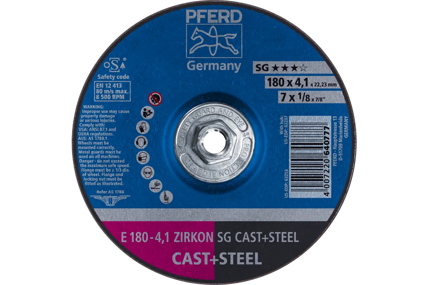 Picture of Pferd Grinding Wheel, 7" X 1/8 X 5/8-11, Zirkon Sg Cast+Steel, T27, Za, Ao